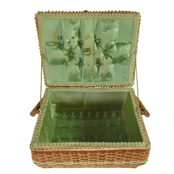 Vintage Woven Sewing Basket with Insert Seafoam Green Satin Lining - Picture 15 of 16